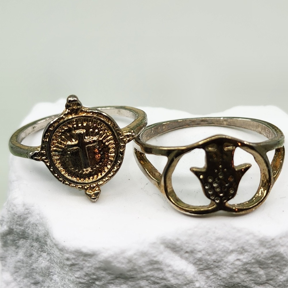 Set of 2 Gold Tone Cross Medallion Hamsa Hand Rings Faith Boho Vintage Statement